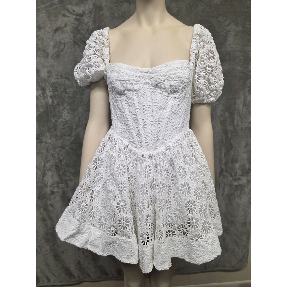Bardot White Cotton Eyelet Lace Corset Mini Dress Puff Sleeve Coquette Romantic